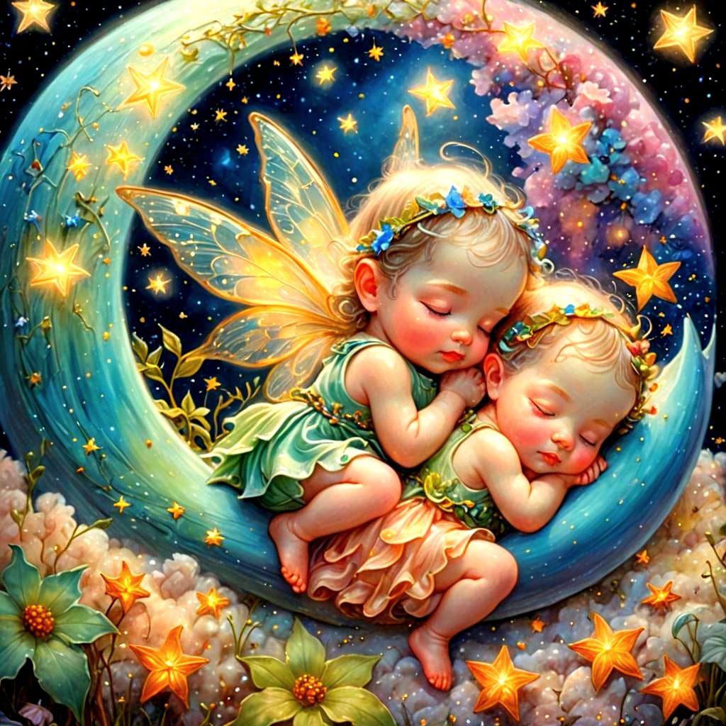 Baby Fairies Sleeping on Bioluminescent Moon in Galaxy