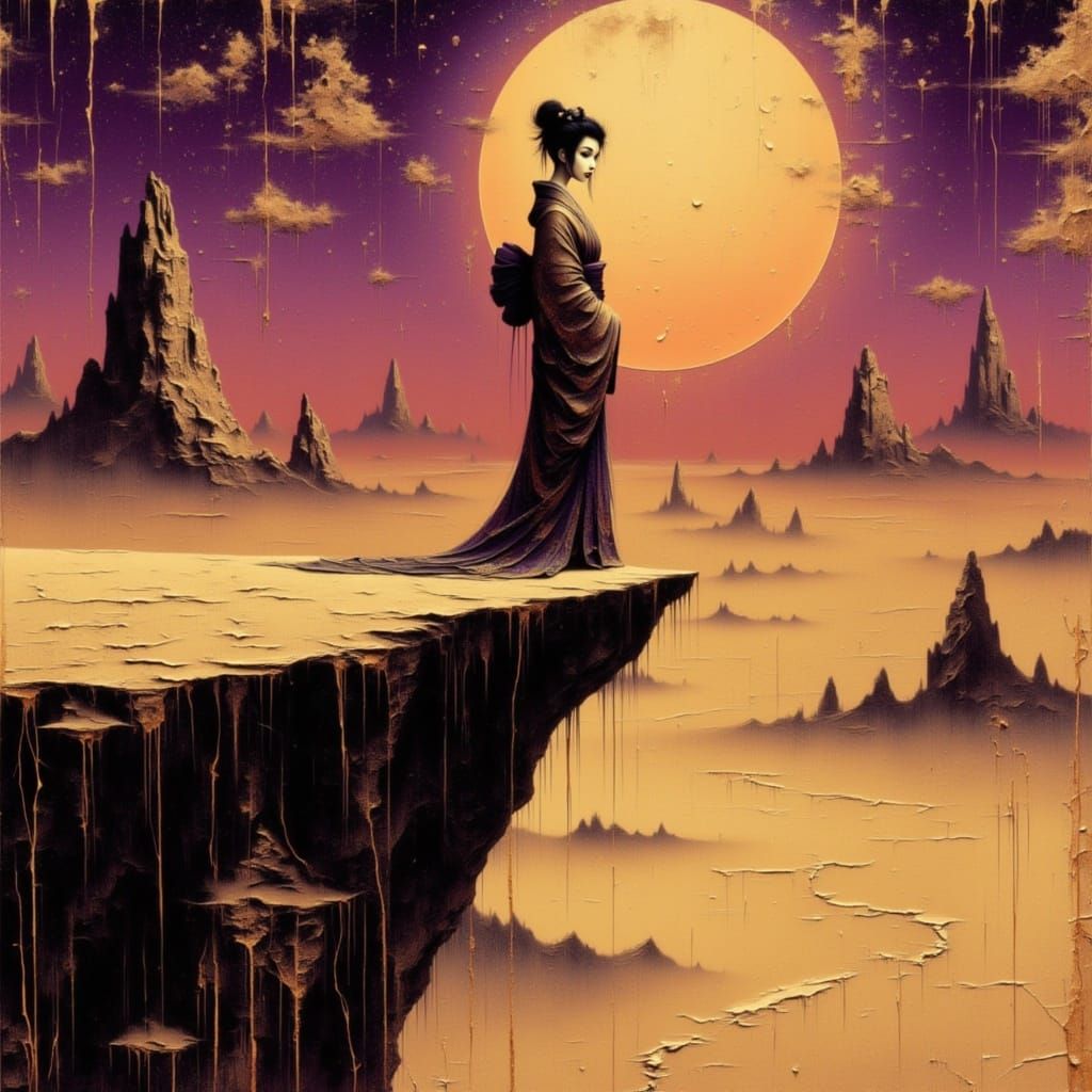 Geisha on Alien Cliff Edge Golden Hour Impasto