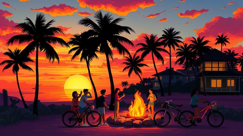 Vibrant Tropical Island Sunset with Joyful Gathering