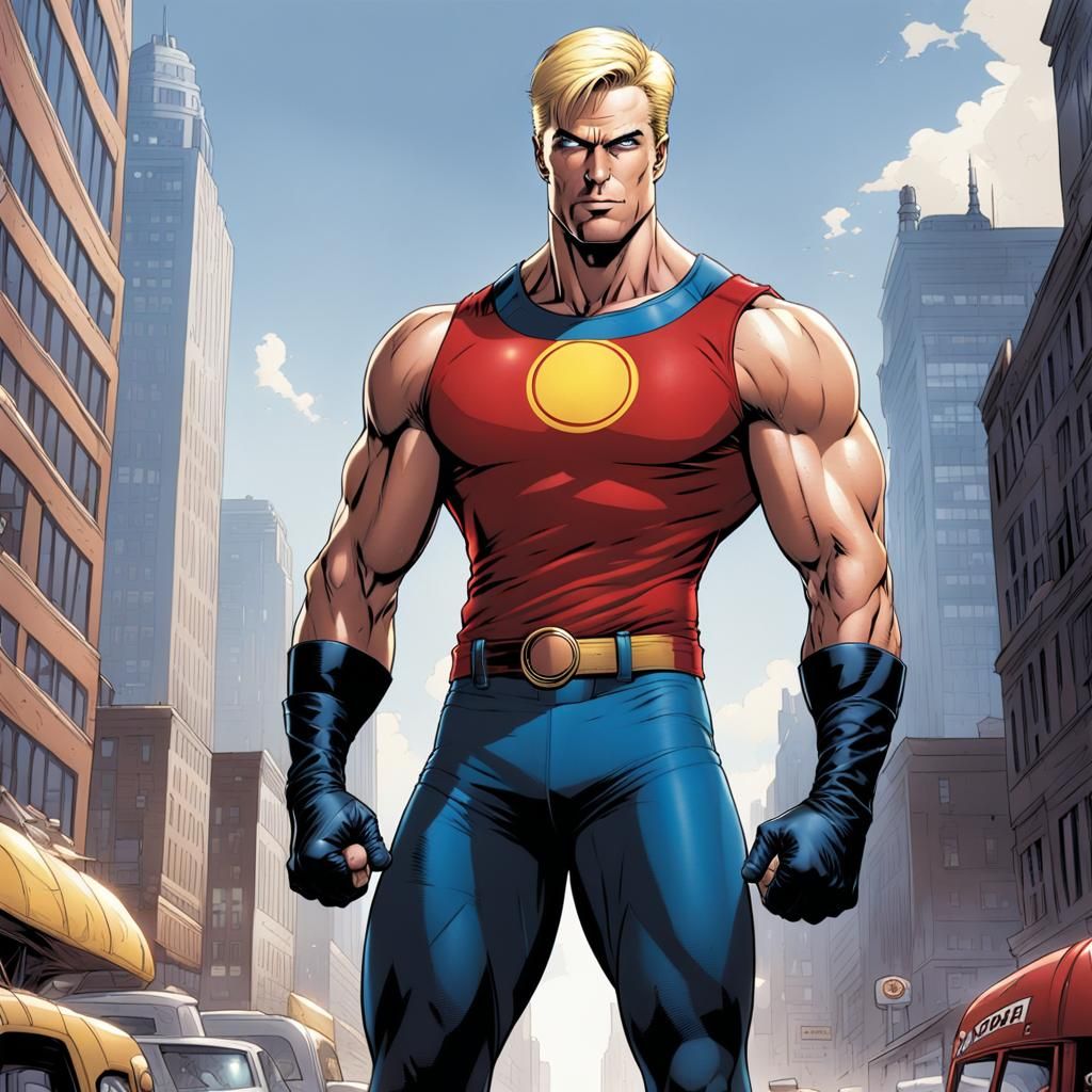 Giant Blond Hero in Comic Book Art Style