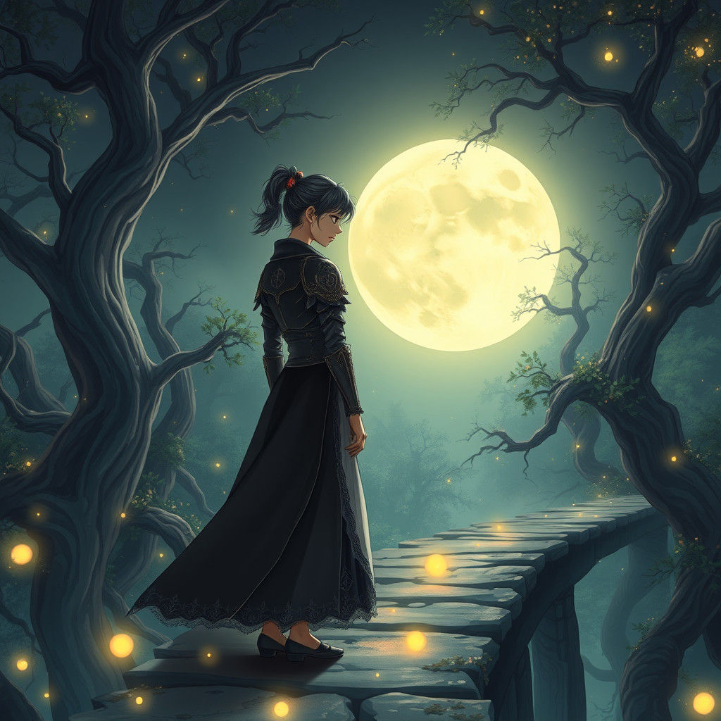 Mystical Bridge Scene with Girl and Armored Lord