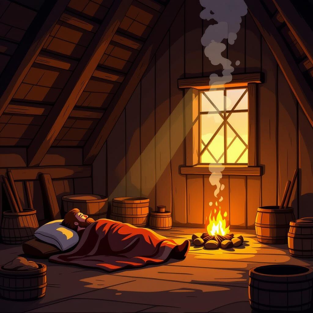 Viking Longhouse Interior at Dawn in Cartoon Style