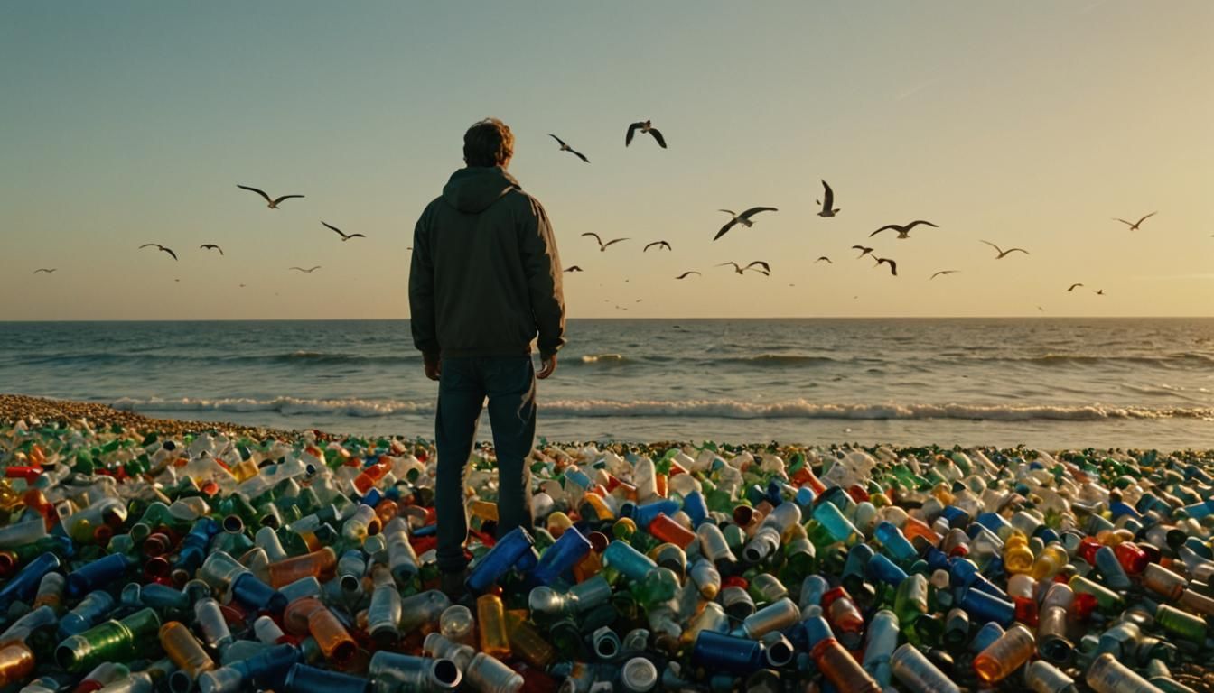 Man on Plastic Island at Sunrise: Cinematic Still