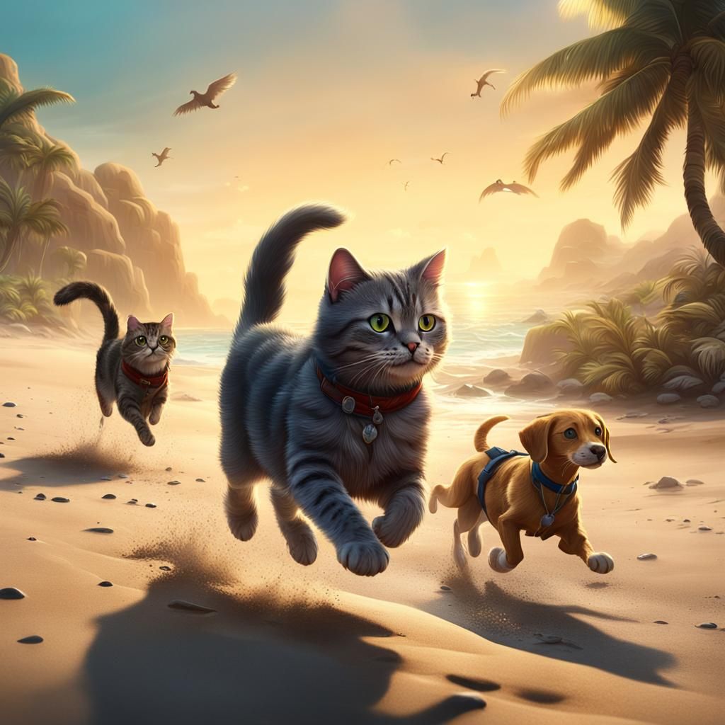 Cat and Dog Running on Beach: Fantasy Concept Art