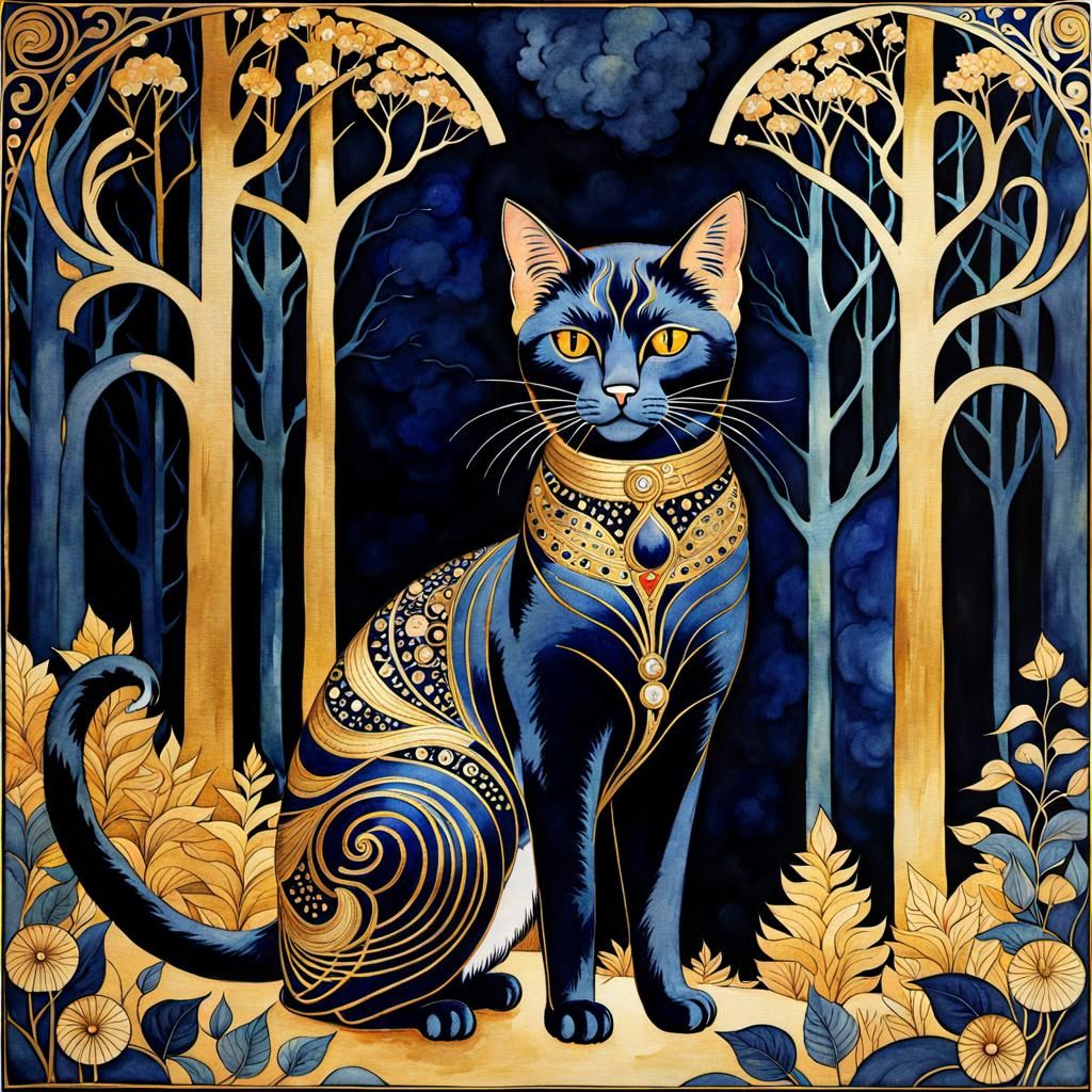 Art Deco Cat in Art Nouveau Forest