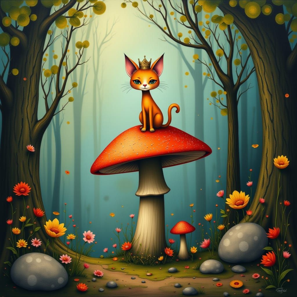 Whimsical painting of a long-limbed ginger cat wearing a tin...