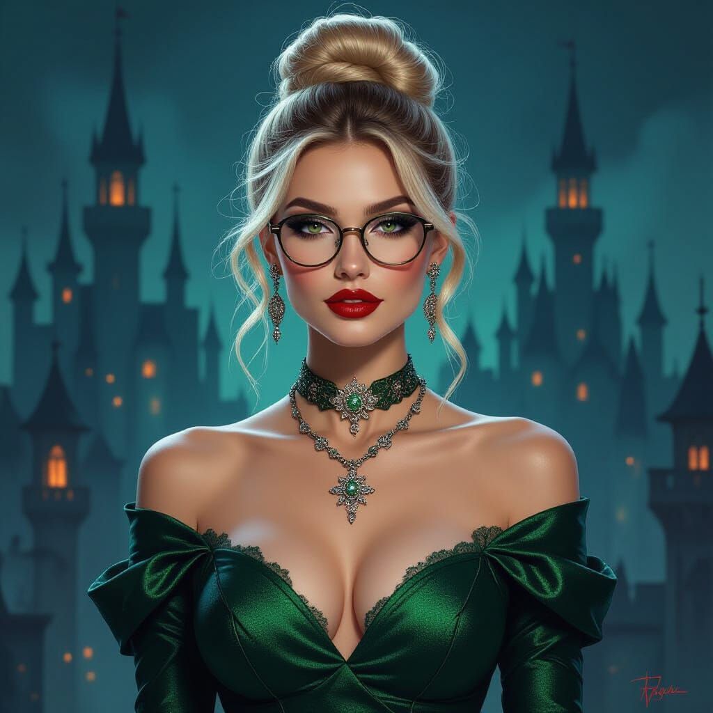 Gothic Vampire in Green Dress, Fantasy Art