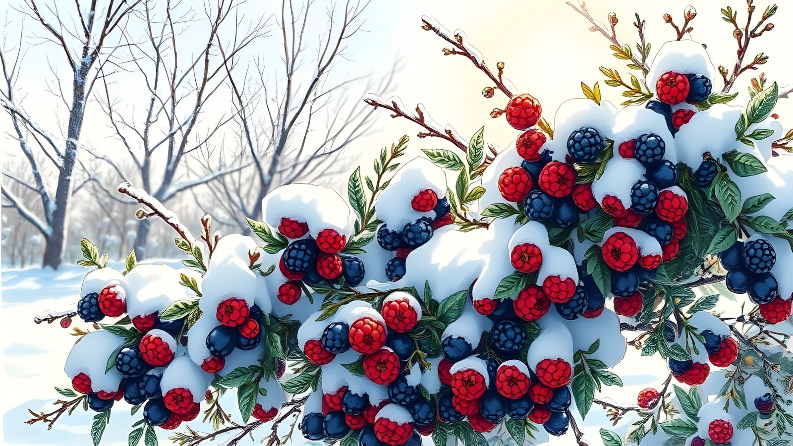 Winter Landscape with Blackberries in a Snowy Russian Scene