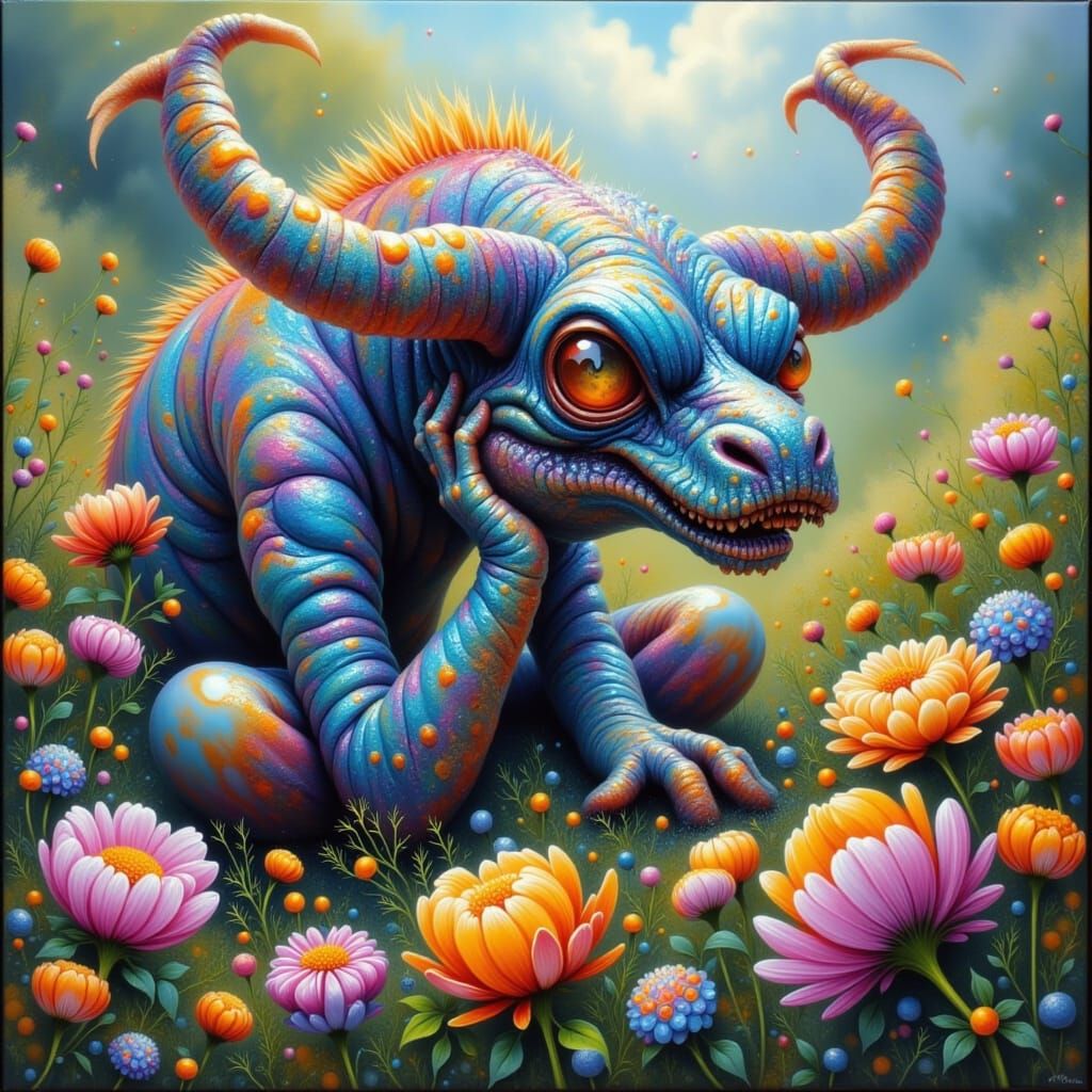 Iridescent Demon Picking Flowers in Eerie Meadow