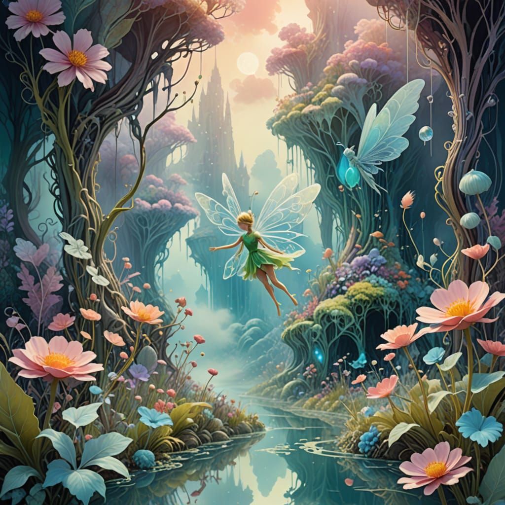 Whimsical Dreamworld with Iridescent Flower and Delicate Fai...