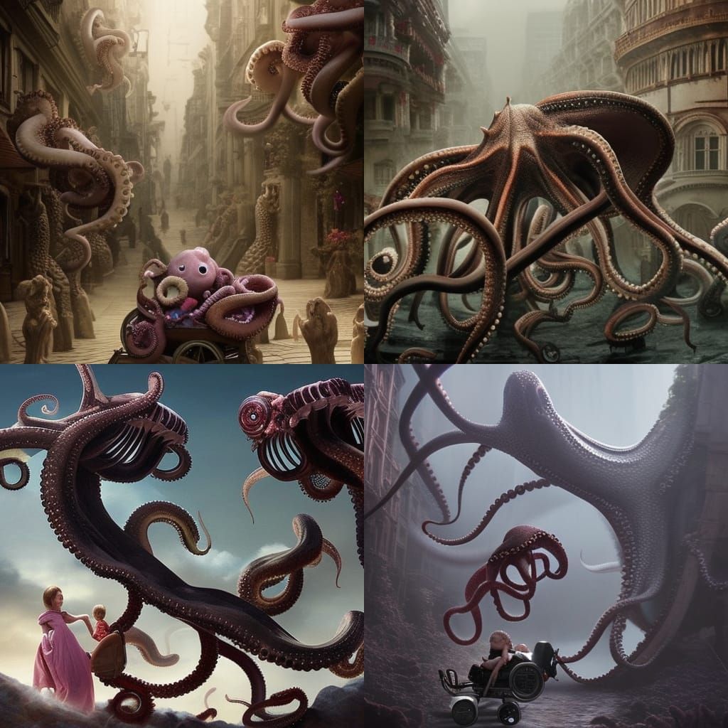 Octopus Creatures Strolling Babies: Digital Matte Painting