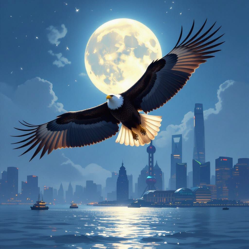 Majestic Eagle Soars Over Shanghai Bay Under Moonlight