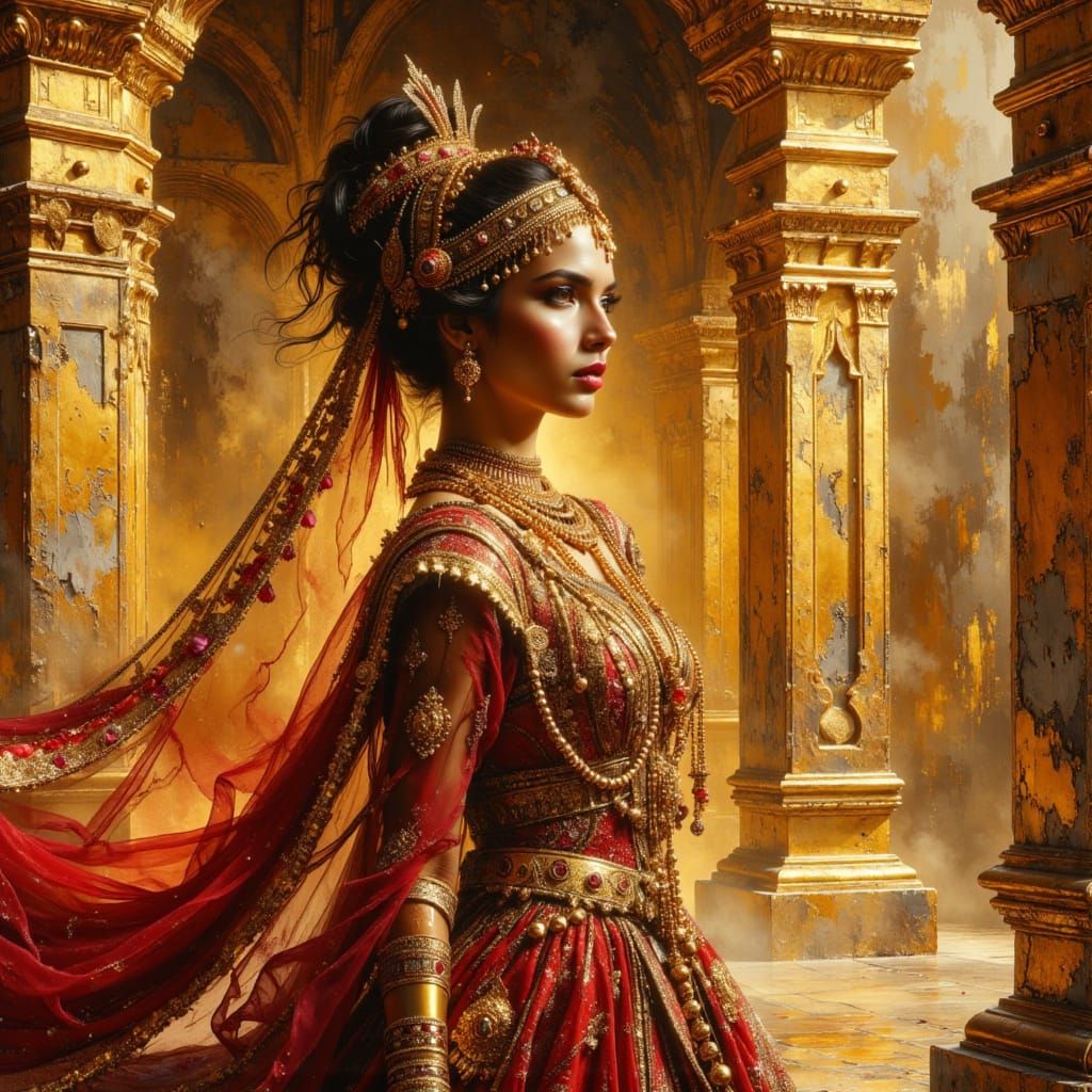 Ancient Queen in Golden Chamber as Impasto Oil Painting