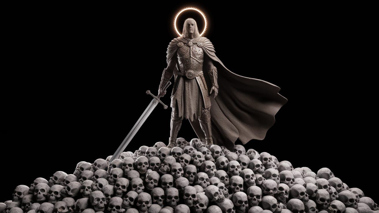 King Arthur Stands Victorious on Skulls with Glowing Excalib...