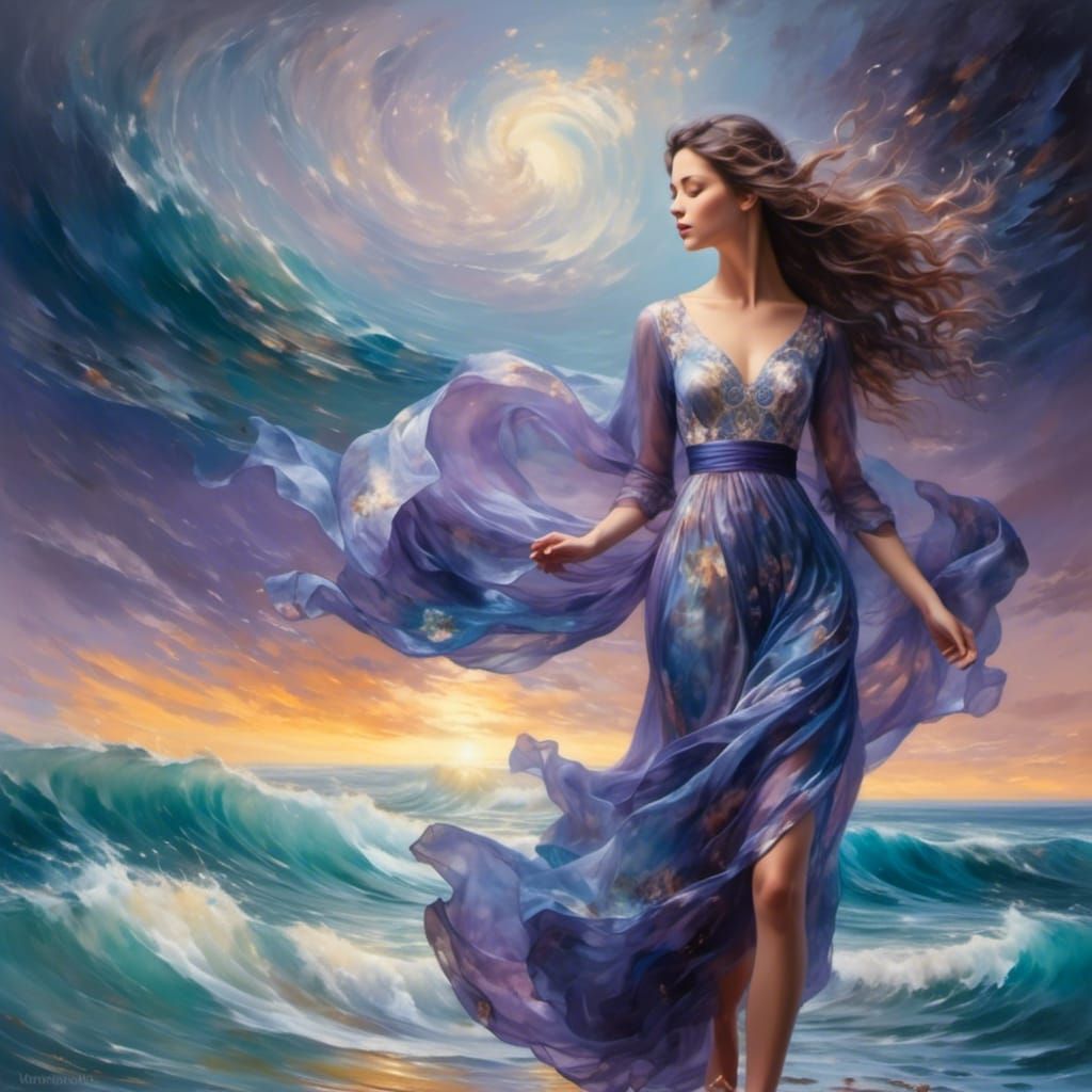 Woman in Flowing Gown by Swirling Sea: Oil Painting