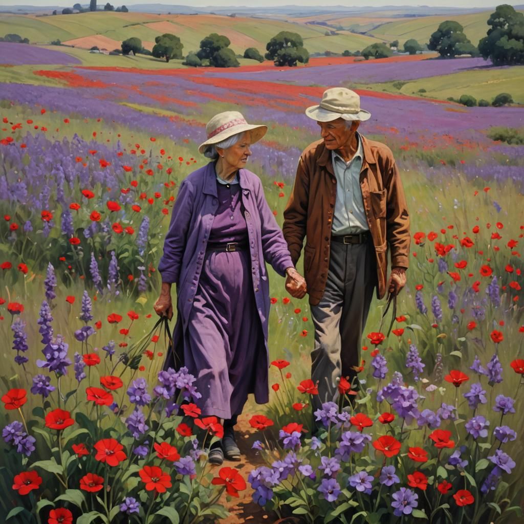 Elderly Couple in Flower Field, Oil Painting