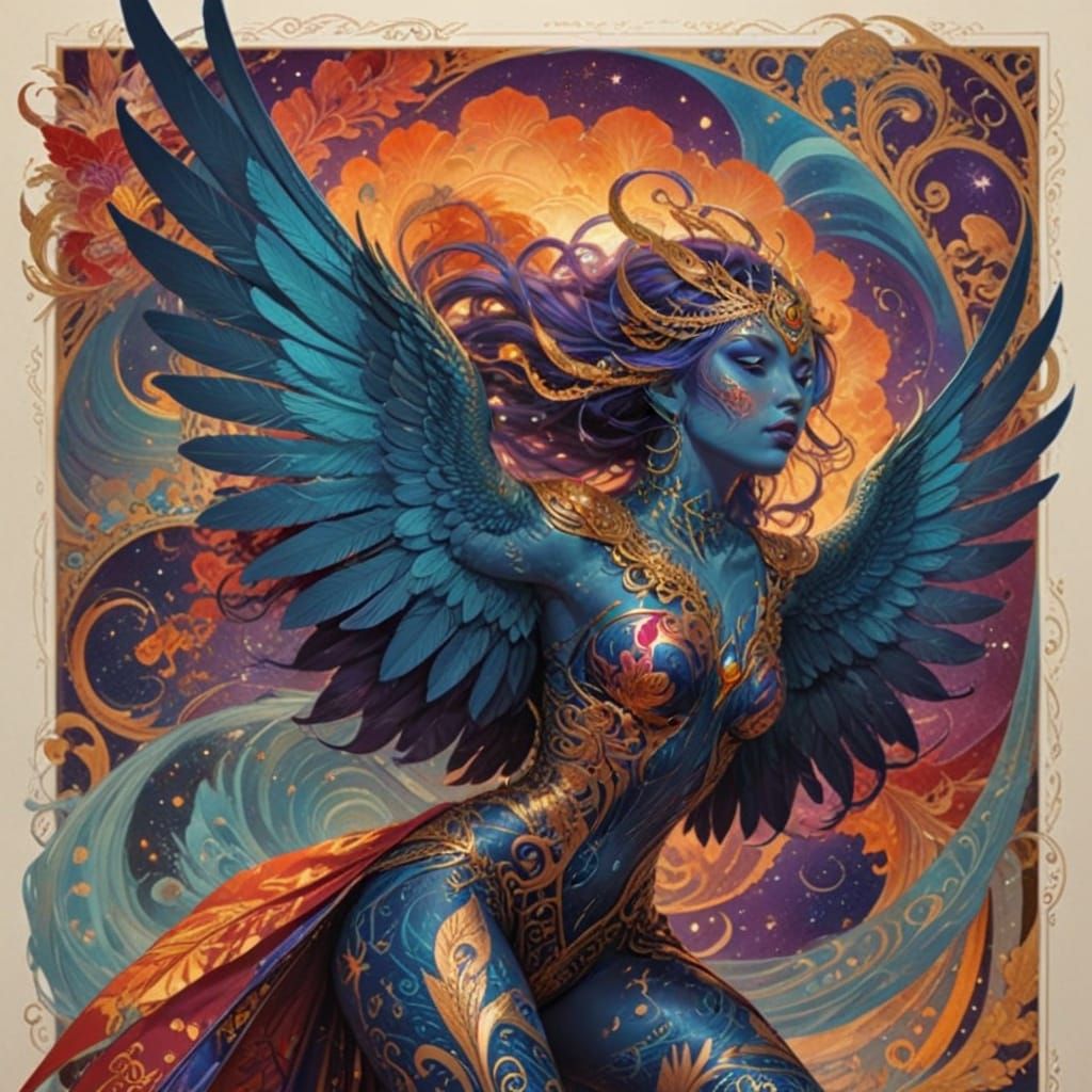 Ethereal Fantasy Goddess in Golden Pointillism Style