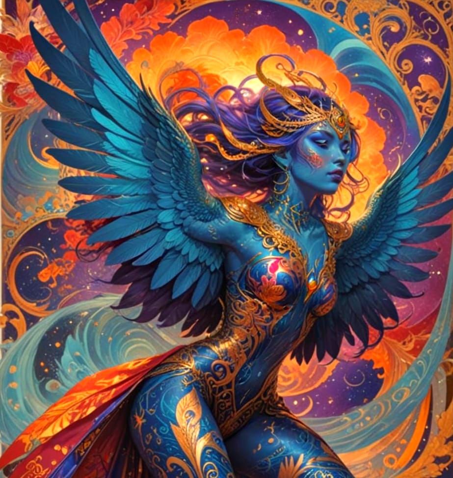 Golden Pointillism Art: Enchanting Fantasy Female Hybrid