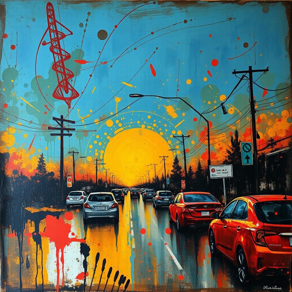 Traffic Jam Chaos in Abstract Expressionist Style