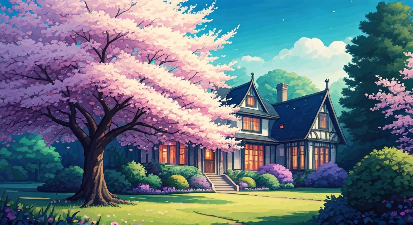 Peaceful Cherry Blossom Haven in Watercolor Style