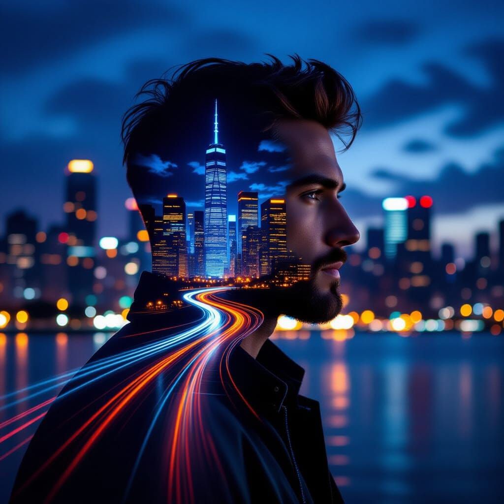 Neon Cityscape Silhouette Portrait: Digital Art
