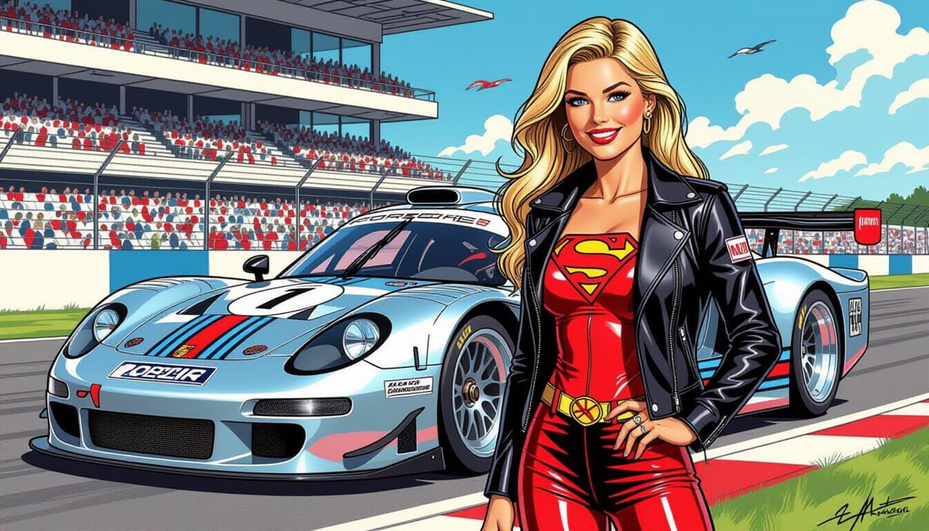 Supergirl Beside Futuristic Porsche at Le Mans
