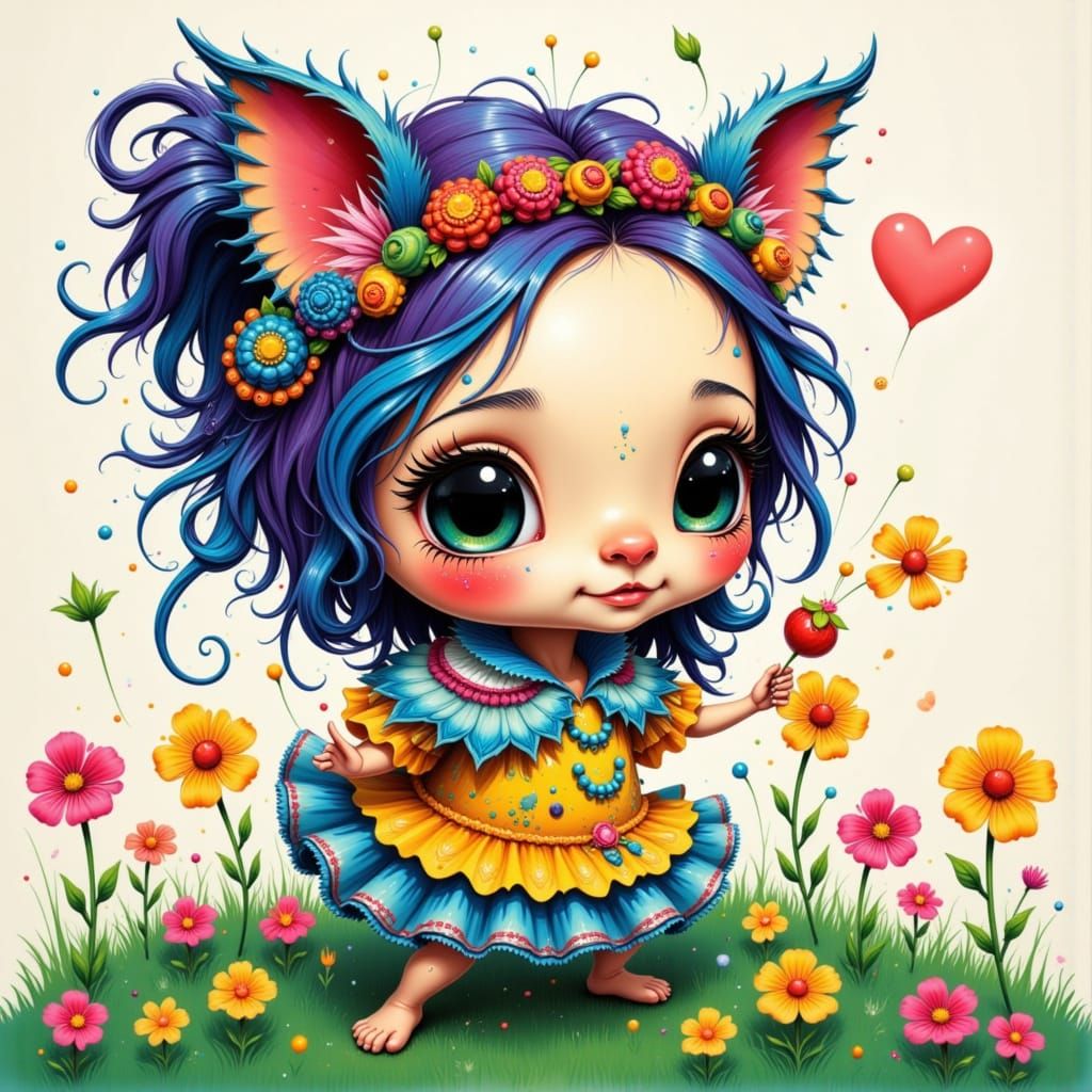 Whimsical Floral Fantasy Creature in Vibrant Attire