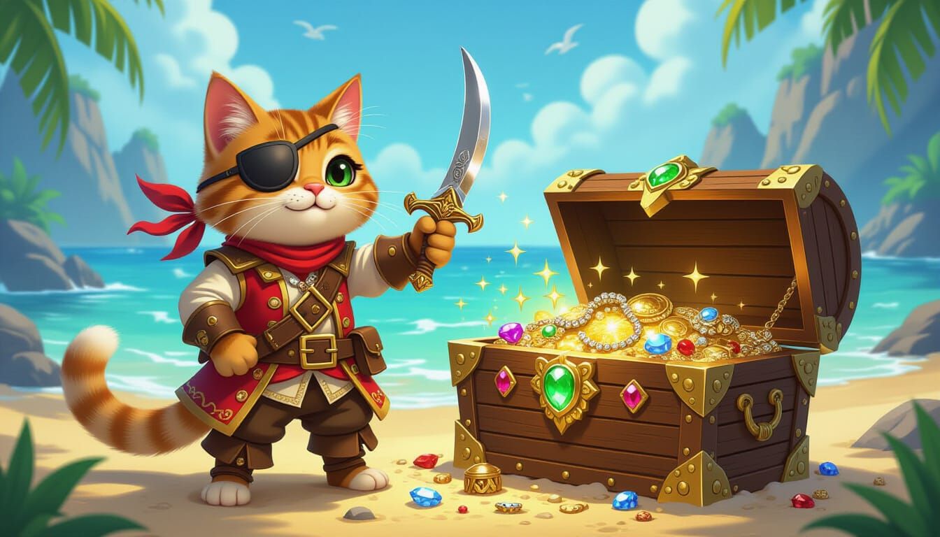 Cartoon Cat Pirate Reveals Treasure Trove