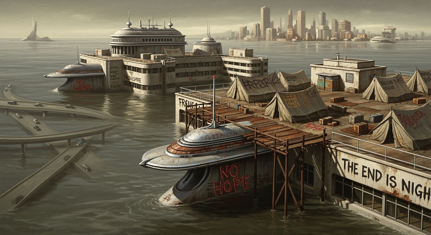 Sunken Atompunk Hospital in Post-Apocalyptic Cityscape