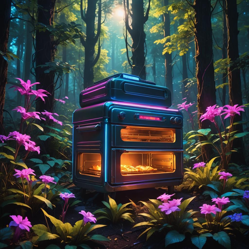 Synthwave Oven in Neon Lit Forest
