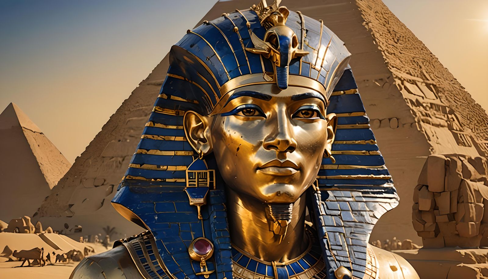 Egyptian Pharaoh Portrait with Pyramid Sunset