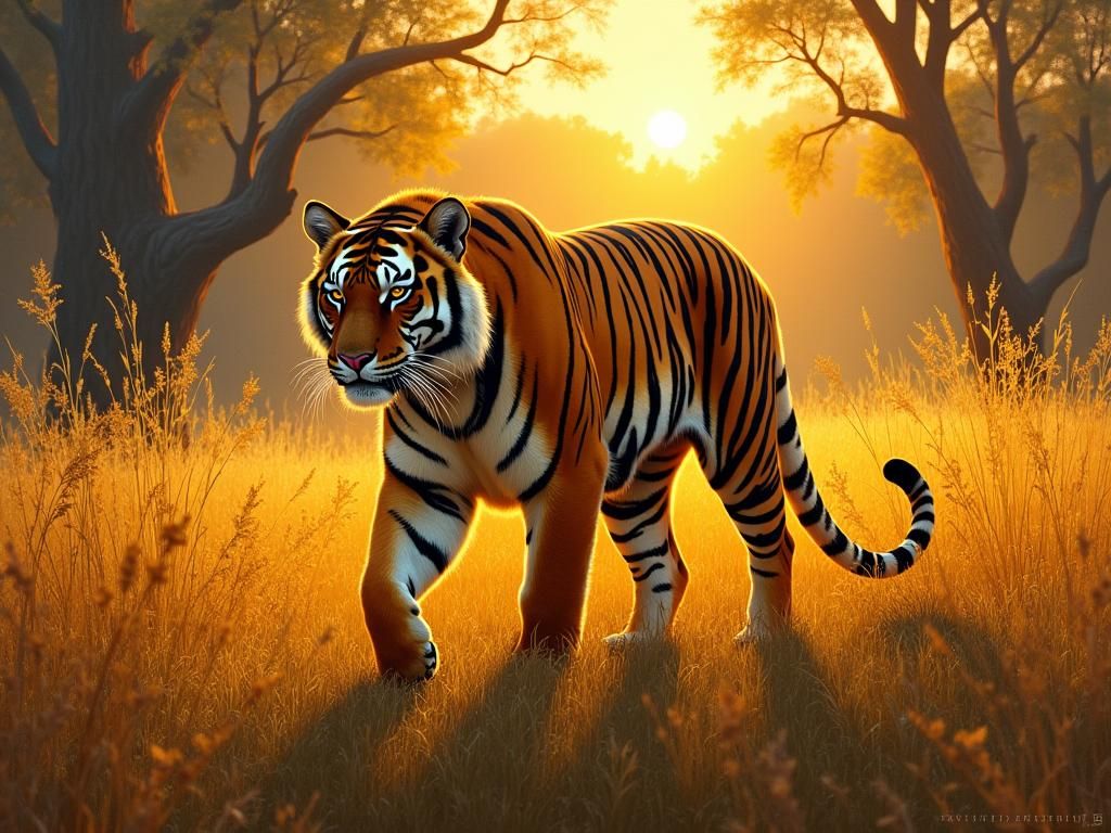Tiger in Tall Grass at Sunrise as Wildlife Painting