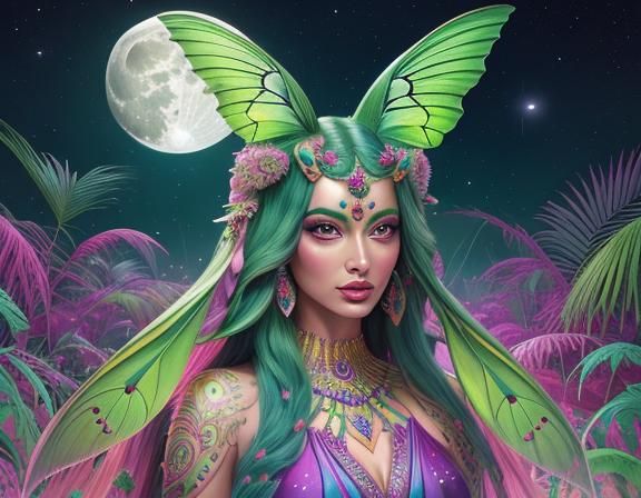 Moon Goddess with Moth Wings in Candy Art Style