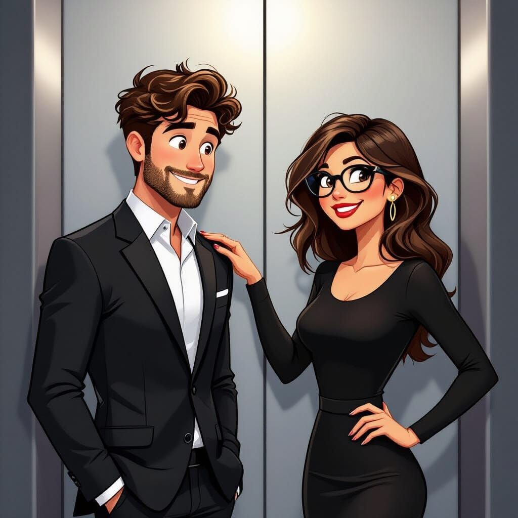 Flirtatious Elevator Encounter in Glen Keane Cartoon Style