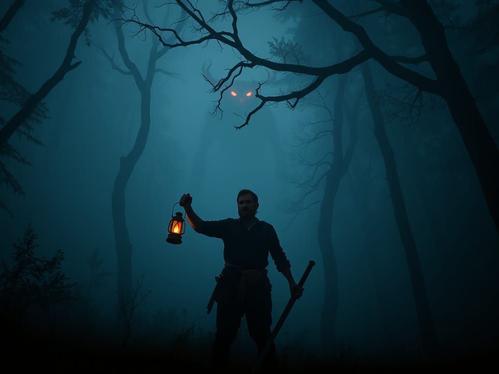 Terrified Man Confronts Wendigo in Foggy Forest
