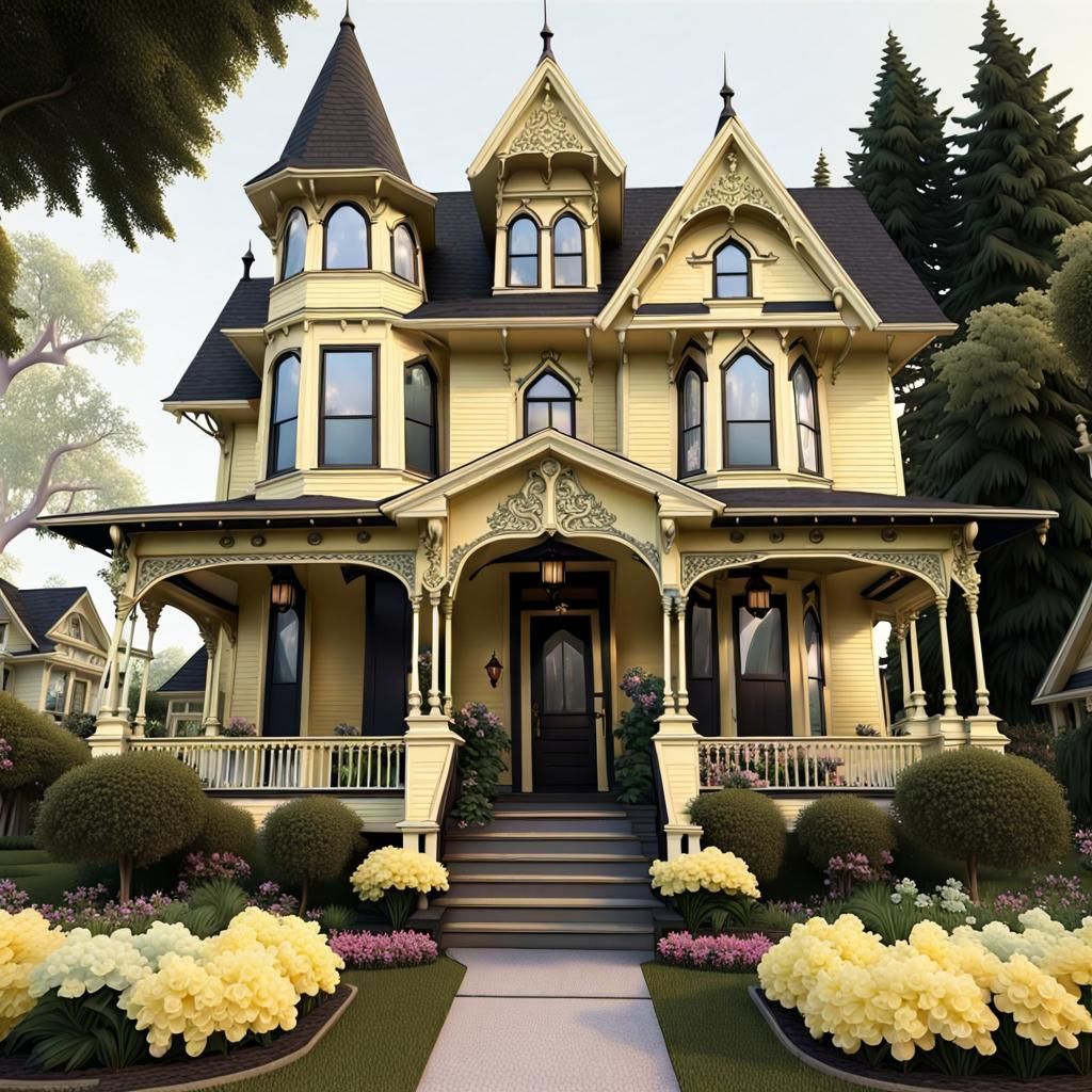 Victorian Home--covered front porch, gables, flower gardens,...