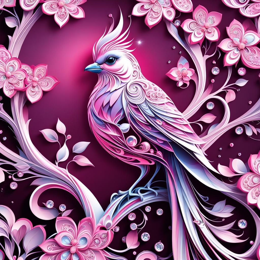 Graceful Jeweled Bird on Sakura Tree: 3D Fantasy Art