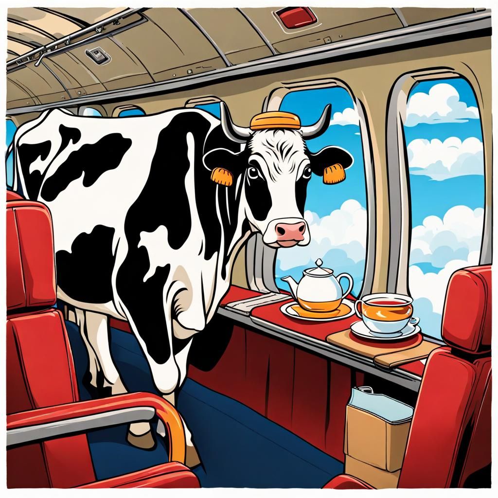 Cow Milking Inside Airplane with Teacup