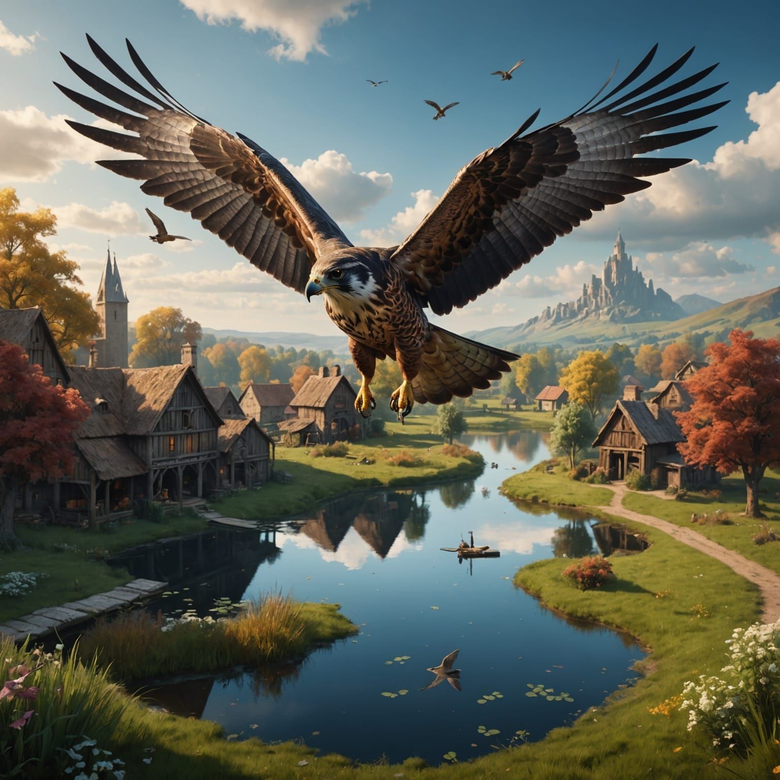 Falcon Soaring Above Farm: Detailed Matte Painting