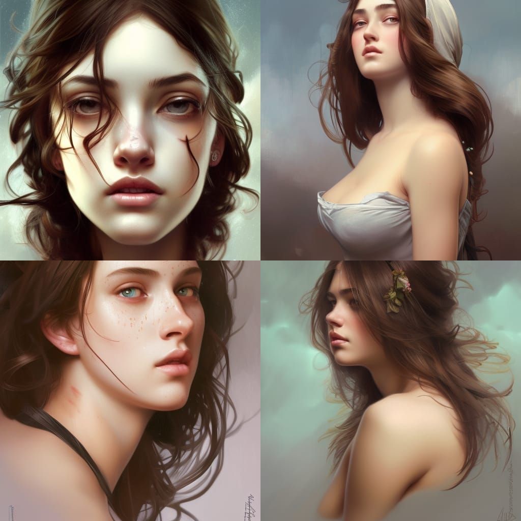 A digital painting (hand painted style) portrait of a very beautiful brunette in her late teens