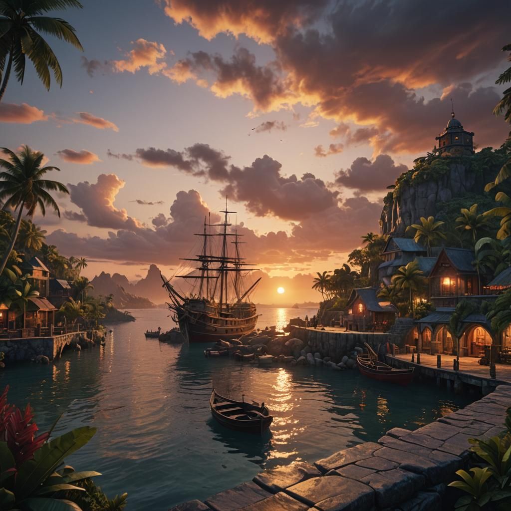 Tropical Island Harbour Sunset Matte Painting