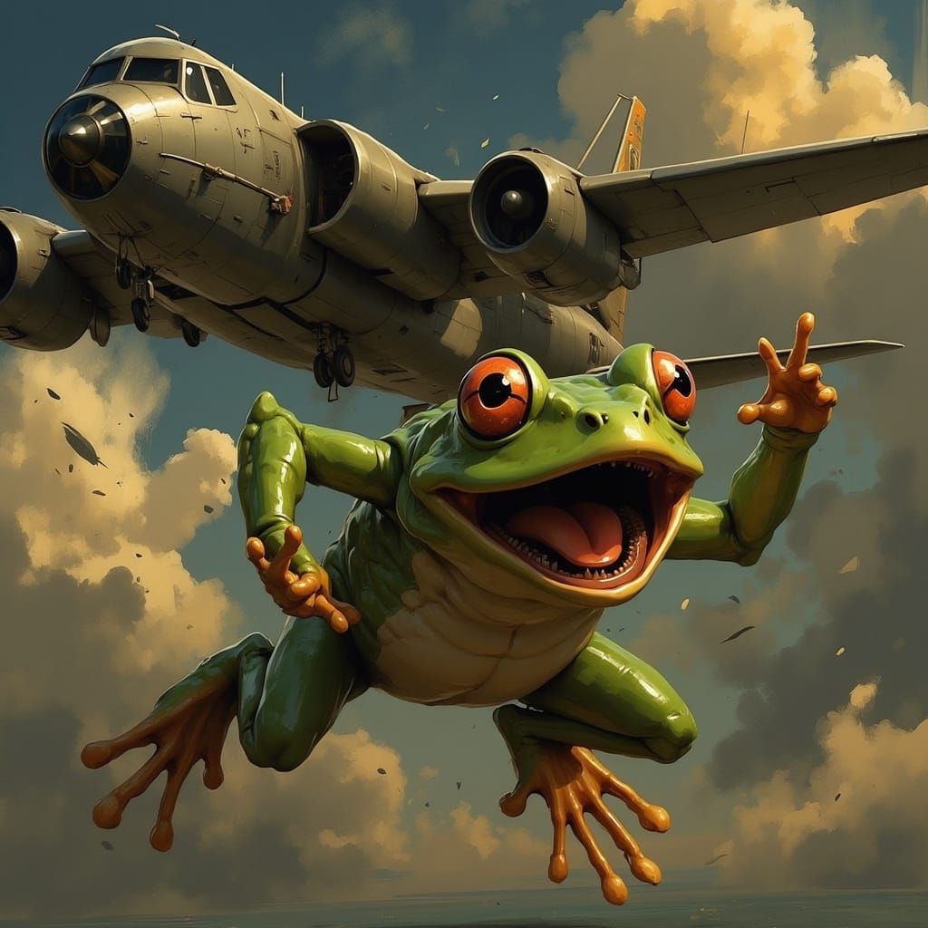 Surprised Frog Falling From Airplane: Digital Painting
