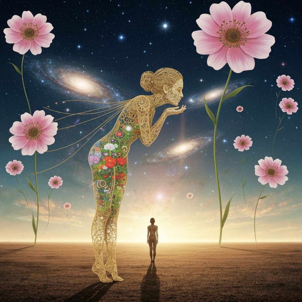 Filigree Woman Embraces Surreal Garden in Ethereal Glow