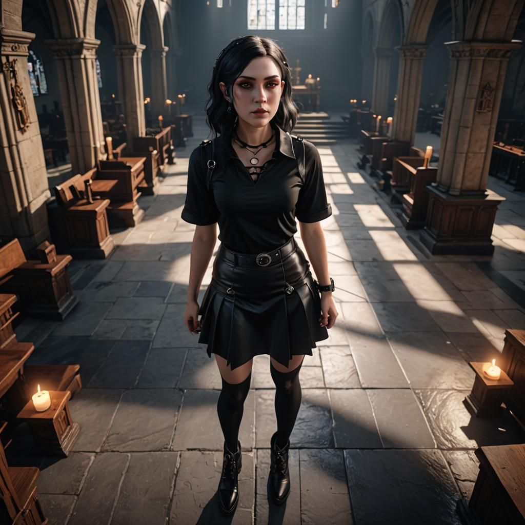 Goth Girl in Church: Photorealistic Concept Art