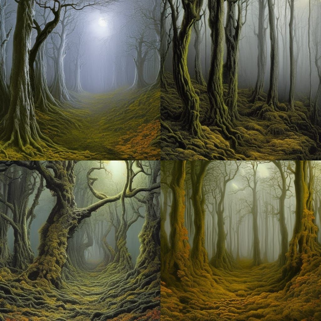 Surreal Forest Landscape with Twisted Trees