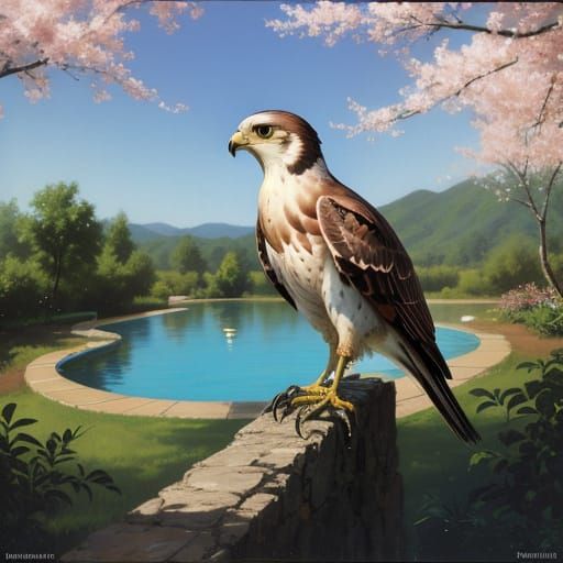 Shimmering pool, peach orchard, noble falcon perched. John Berkey • Julie Bell •Dmitry Spiros