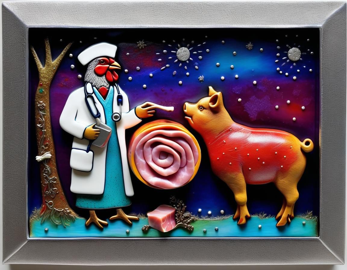 Chicken Doctor Curing Ham in Hospital Room