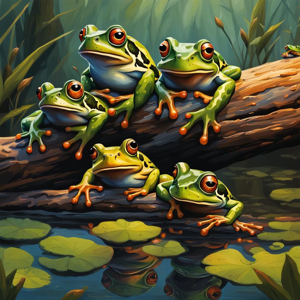 Frogs on a Log in a Bog: Hyperrealistic Splash Art