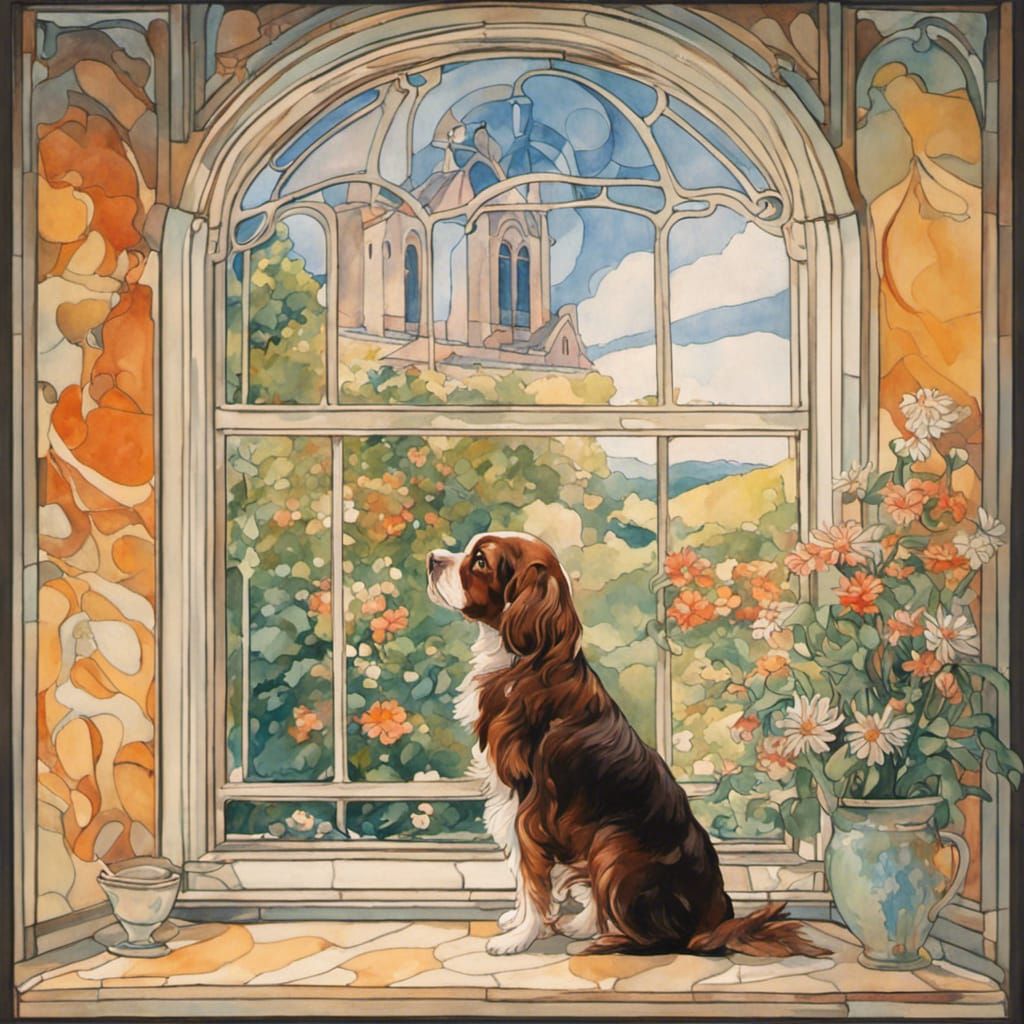 Art Nouveau Window View with Spaniel in Gouache Style