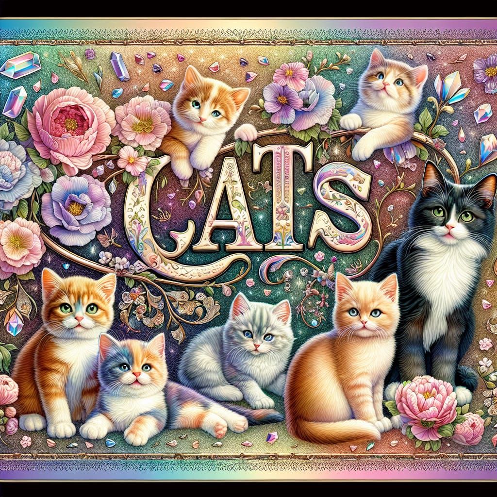 Iridescent Cats Word Art with Flowers and Crystals
